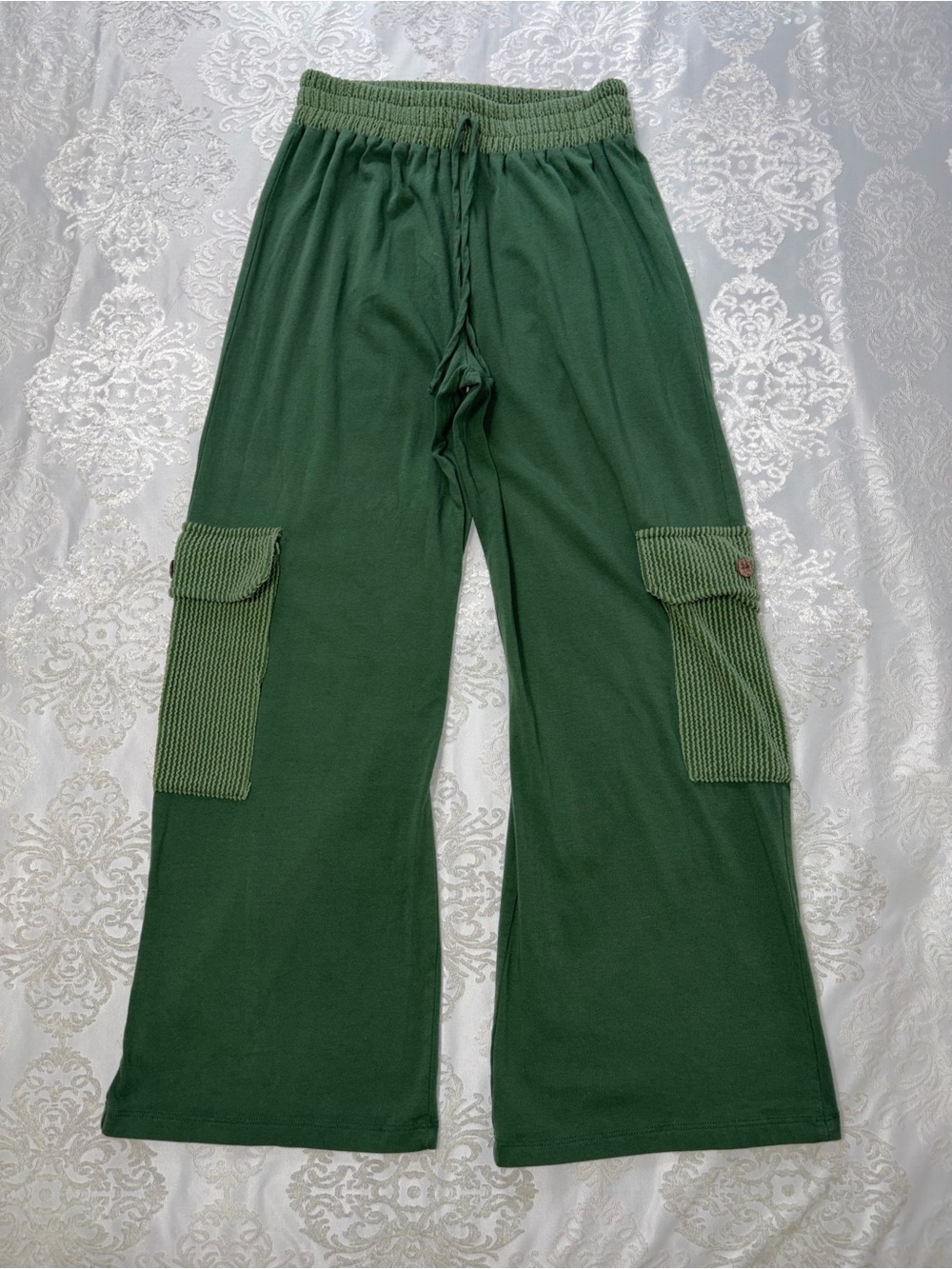 Blumin Green Wide Leg Cargo Pants Ribbed Pockets Lounge Cotton Medium